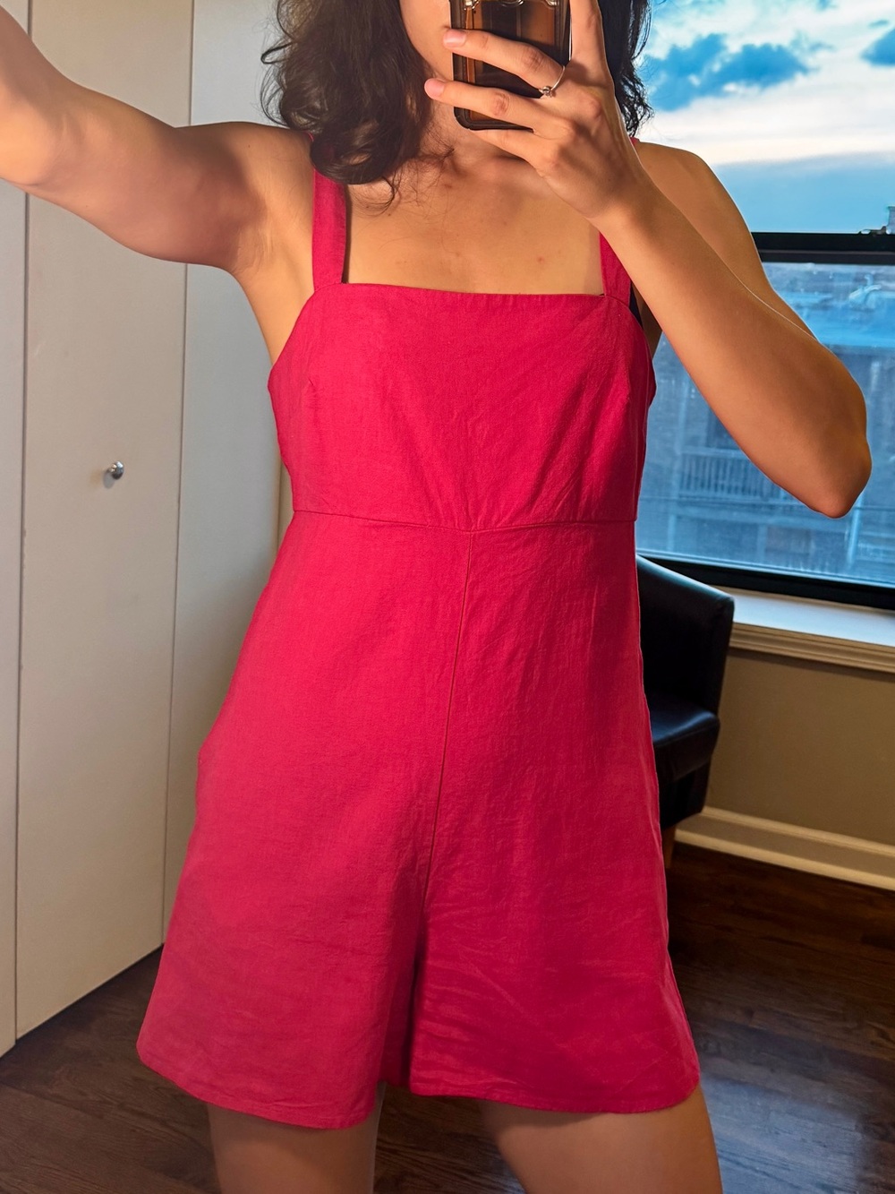 Pink Linen Romper Square Neck, Fit & Flare, Wide Leg Shorts
